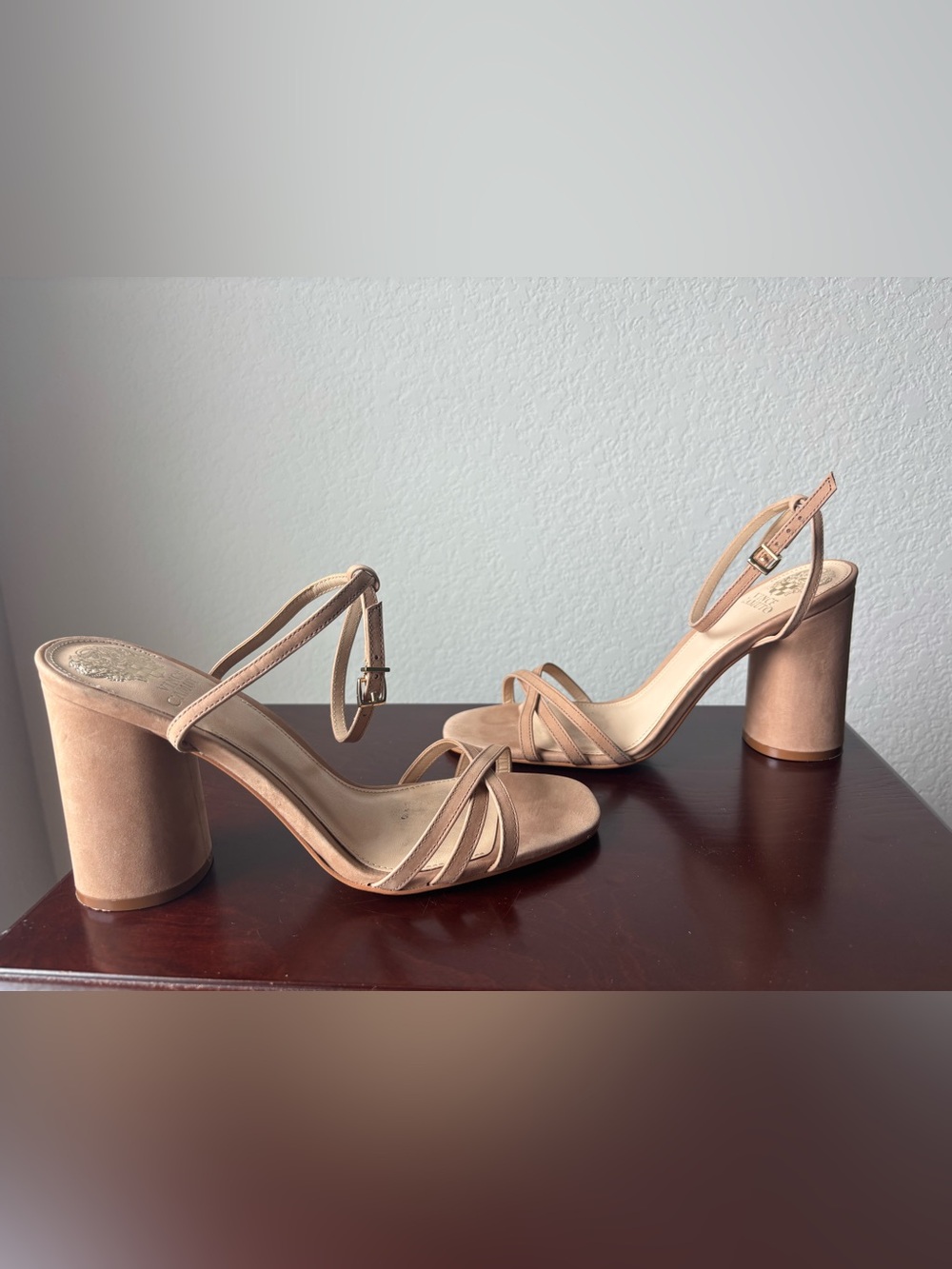Vince Camuto Tan Suede Women's Strappy Ankle‑Tie Heels